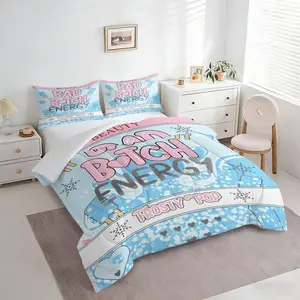 Bad Btch Energy Frosty Pop Ice Popsicle Snowflake Comforter Set, 1 Comforter + 1/2 Pillowcases, Light Blue Bubble Wave Background Bedding, Durable Material Soft Comfy bed set, Machine Washable, All Season Cool Style Bedroom Decor