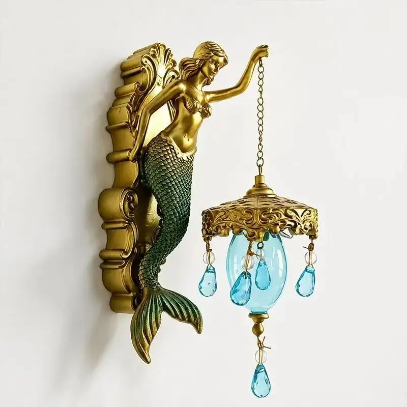 New Retro Resin Mermaid Wall Lamp Decor, High-End Unique Hanging Ornament, European Style Display Piece, Model X0031