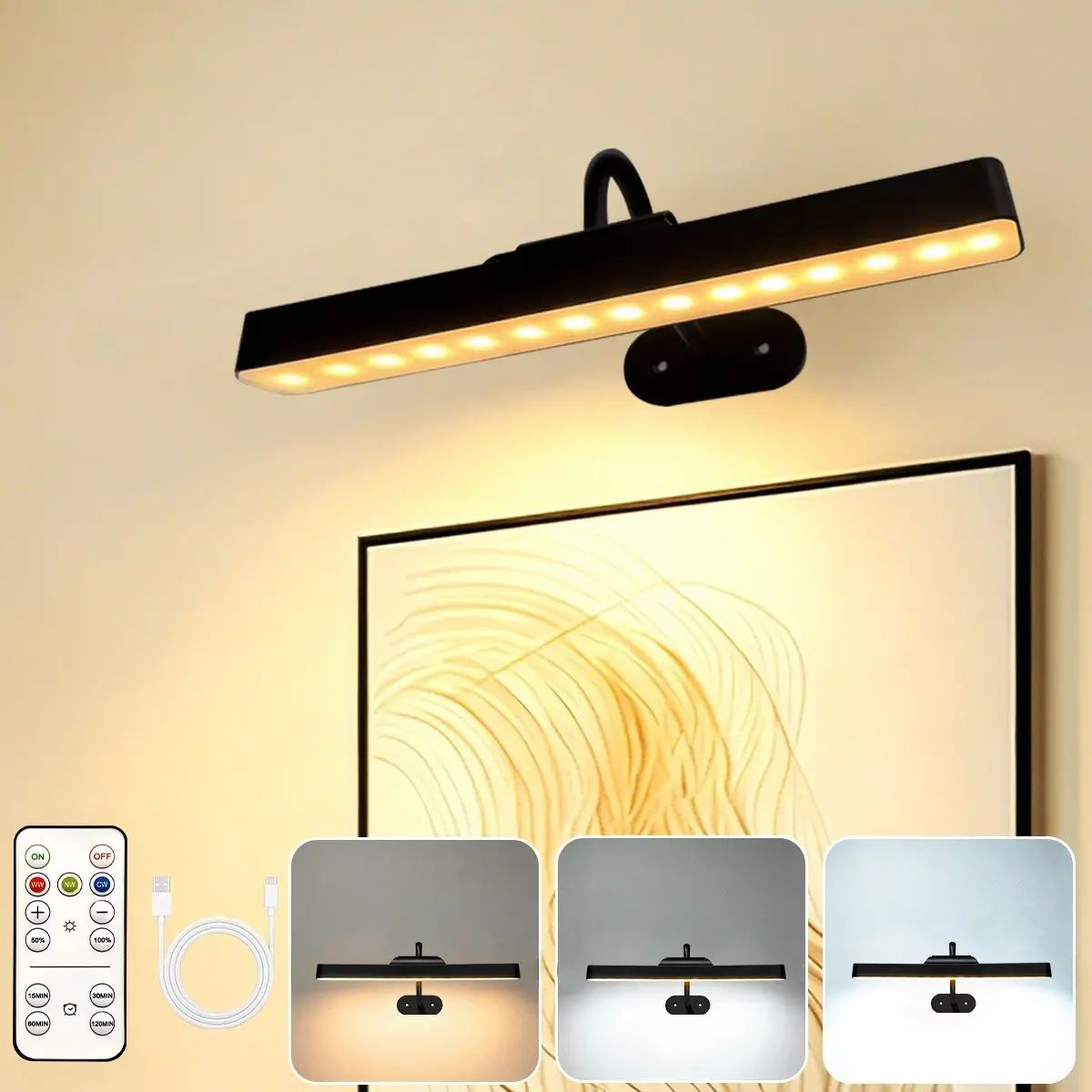 USB Rechargeable Picture Light, Remote Control, 3 Color Temperatures, Wireless Art Lighting for Painting, Gallery, Portrait, Indoor Lighting, Cordless Lamp, Electronic Lights