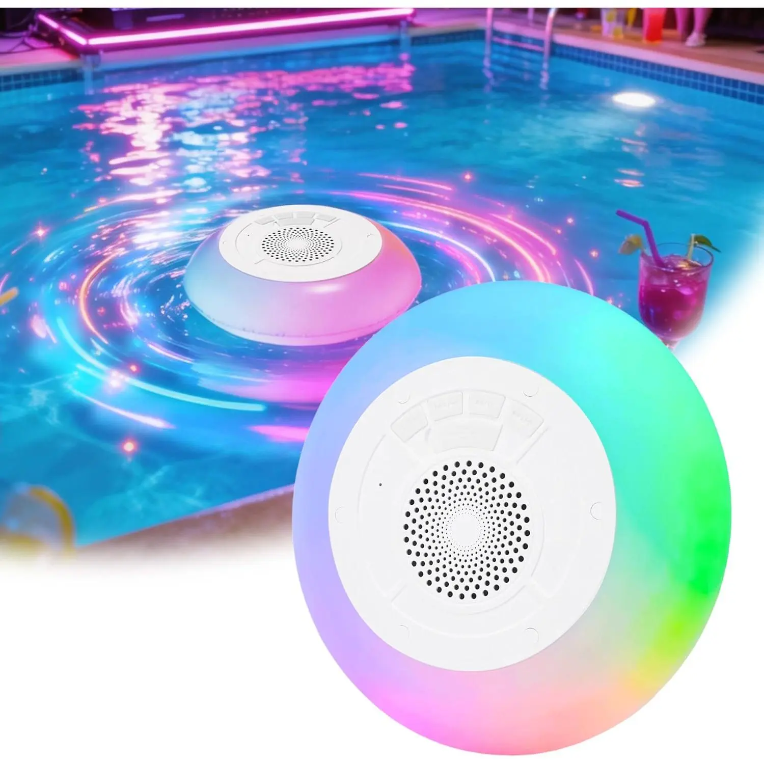 Buoyant Pool Speaker with Colorful Lights - IP68 Waterproof Wireless Bluetooth Speaker, Built-in Mic, Surround Sound, Perfect for Outdoor Pool, Hot Tubs & Shower (White)