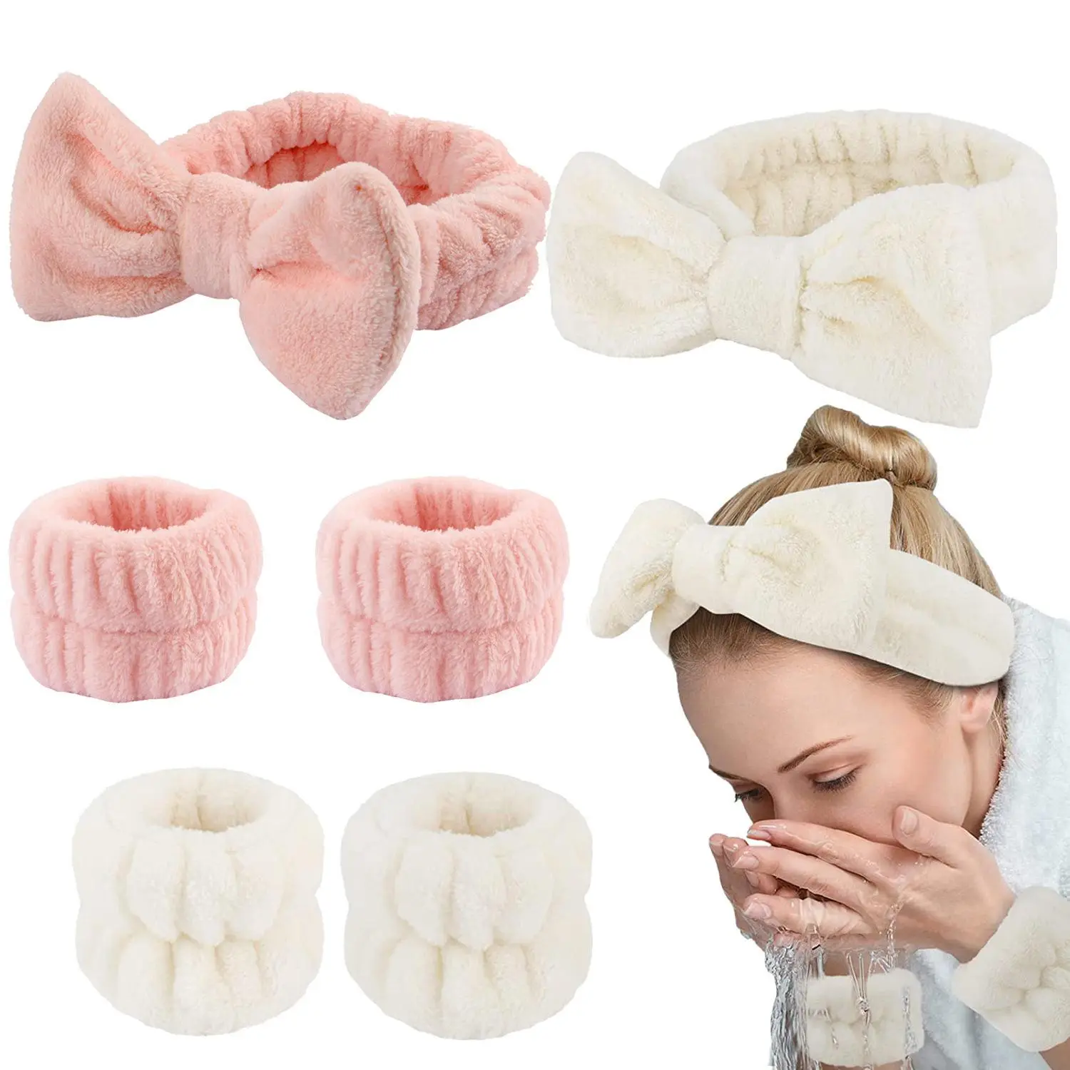 Women's 2-Piece Set - Fluffy Bow Shape Fleece Spa Headband and Wristbands, Sweat Absorb for Daily Face Care & Washing