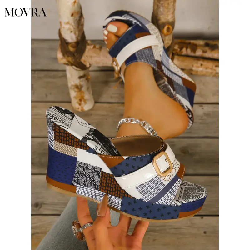 MOVRA1 Vintage Newspaper Print Colorblock Wedge Daily Wear Sandals, Casual Trendy Sandals, Metal Waterproof Platform, Ethnic Style Thick Sole Women's Shoes Stylish
