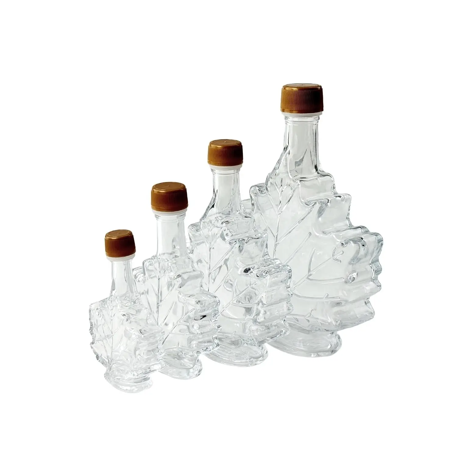 Reusable Leaf Shaped Glass Maple Syrup Bottles with Tamper-Evident Gold Plastic Lids, Multi-Size Sampler Set (4 Bottles)