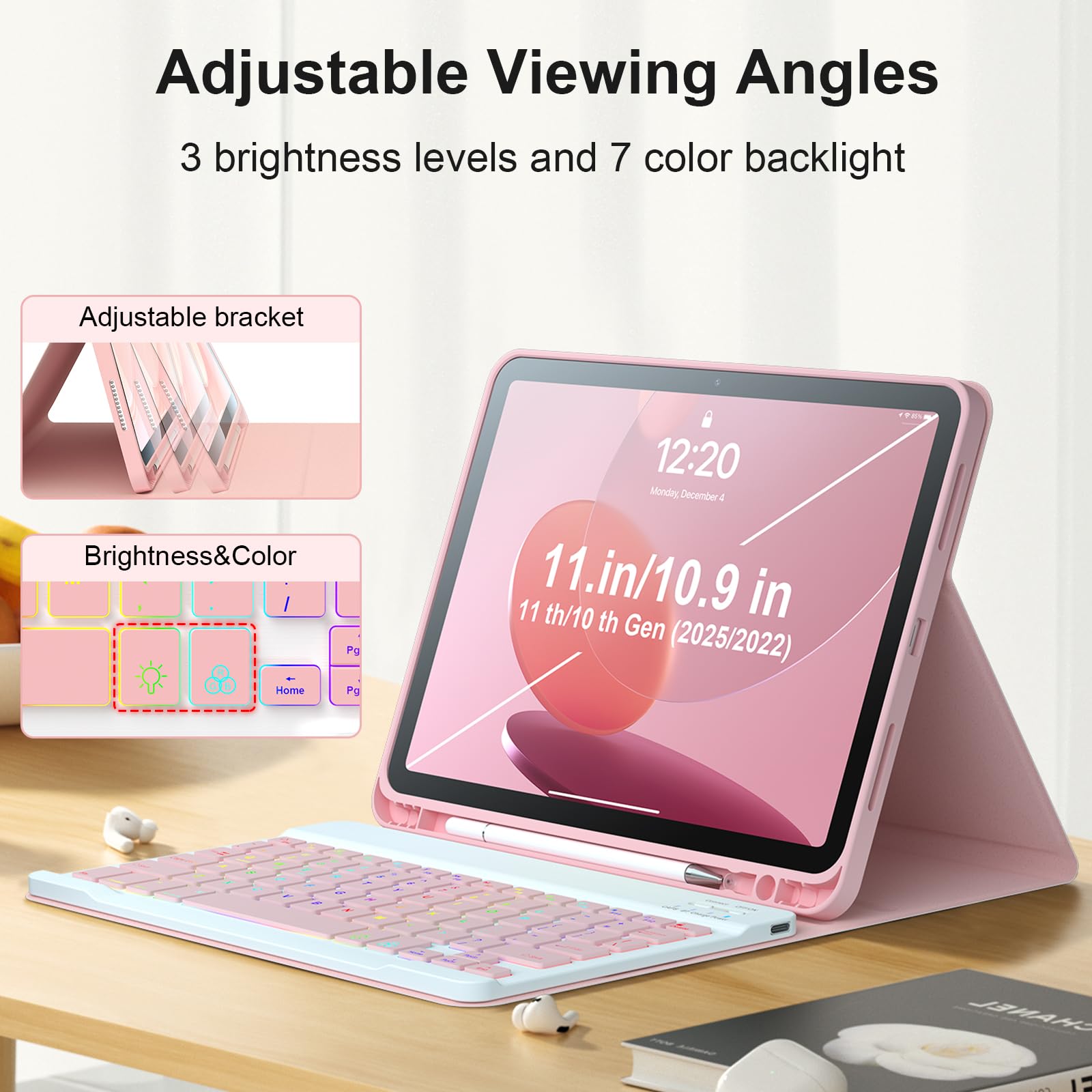Ipad 11th 10th Generation Case With 10.9 Inch 2022 Detachable Wireless 7colors Backlight Pencil Holder For And Magnetic Disc Universal Stylus Pen Gen Pink