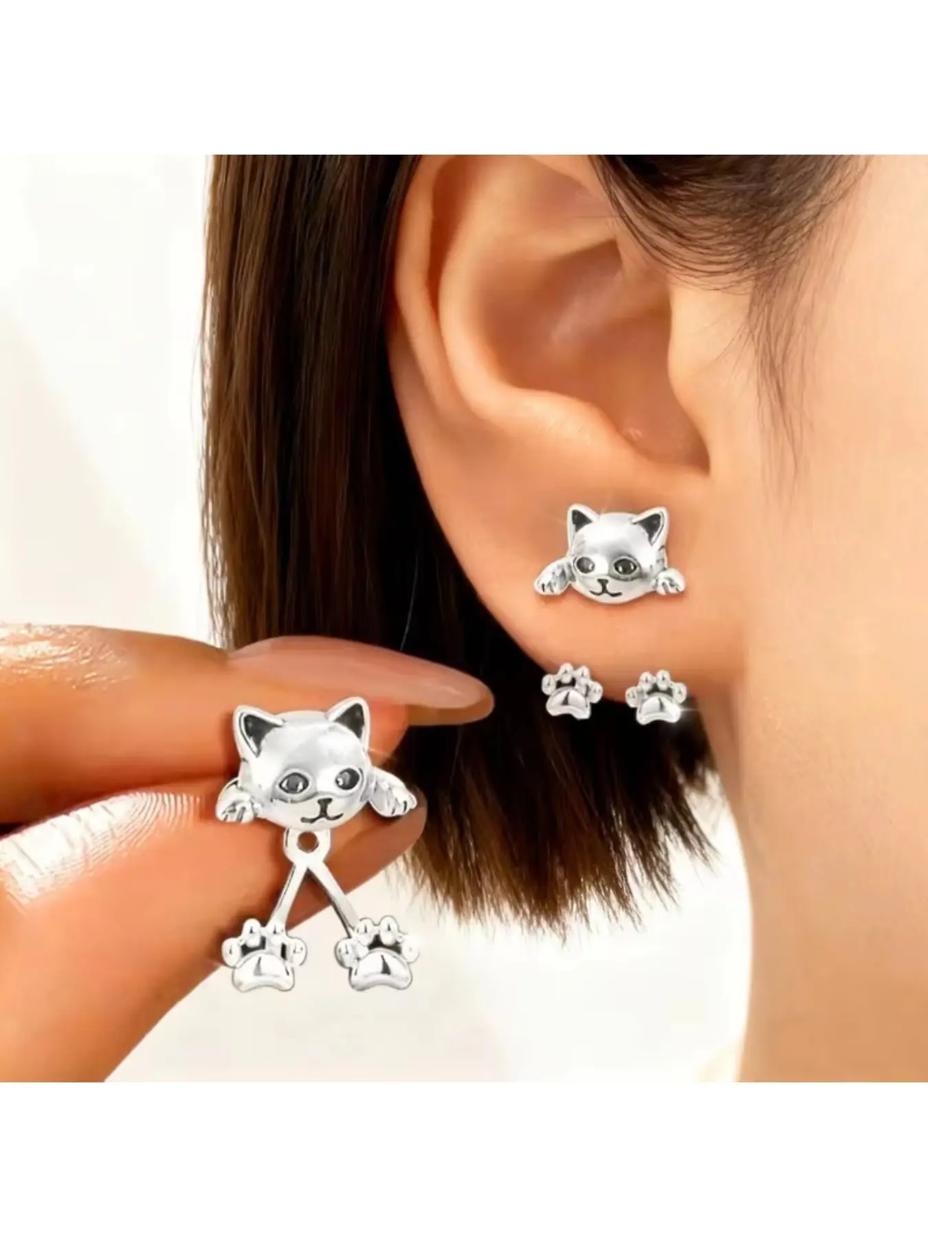 Vintage Funny Silver Color Cat Earring for Women Cute Animal Kitten Back Hanging Dangling Earrings Girls Party Banquet Piercing Jewelry