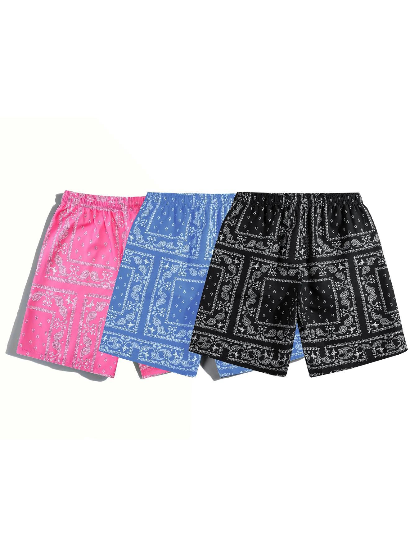 3 PCS Men's Ethnic Paisley Print Drawstring Shorts Summer Beach Swim Trunks Lightweight Graphic Casual Shorts Comfy Vacation Apparel Ideal for Back to School Outdoor Travel Trendy cargo shorts men's shorts summer workout
