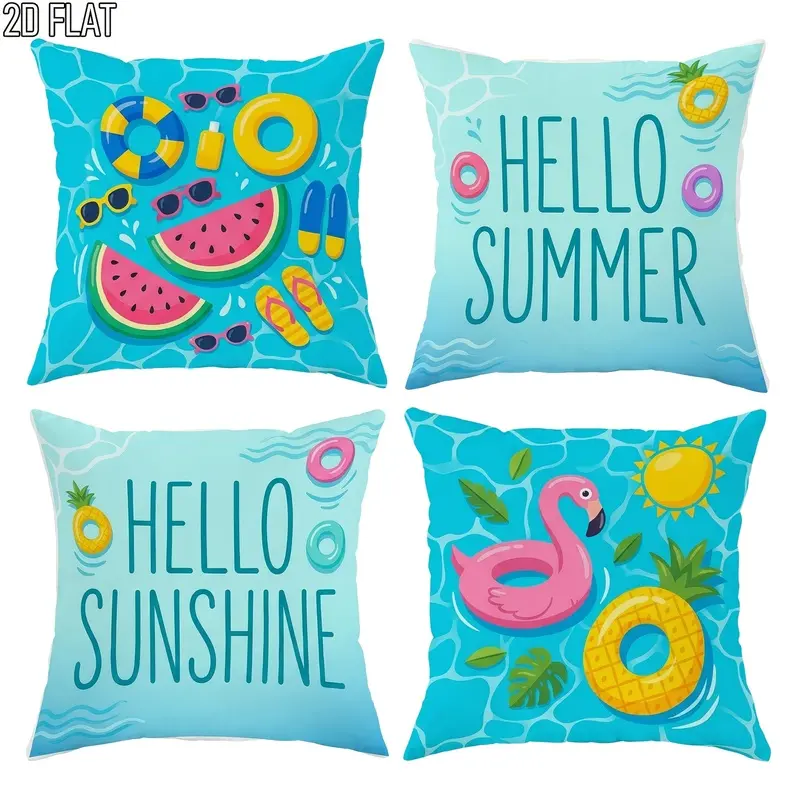 2D Flat Print 4 Pack Summer Tropical Beach Pillow Covers, Teal Vibrant Decorative Cushion Cases, Double Sided Printed, for Living Room Bedroom Sofa Bed Decor, No Pillow Inserts, 2D Flat