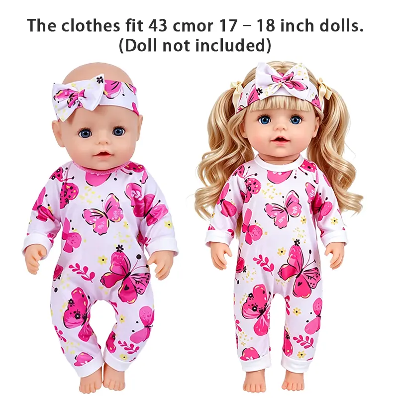 18 Inch Doll Clothes Pink Butterfly Romper Jumpsuit Pajamas with Bow Headband Set for 43cm 17-18" Reborn Baby Dolls, American Girl Dolls, Baby Born Dolls Accessories Costume Gifts for Girls (Clothes Only, Doll Not Included)