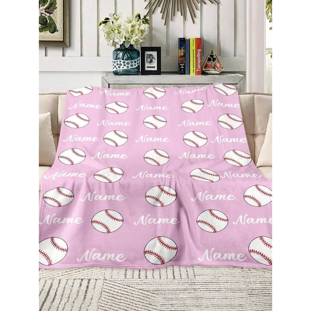 Customized 30x40 in Pink Softball Flannel Throw Blanket - Personalized Name Allover Print, Cute Baseball Print, Wrinkle Resistant, Lightweight, Modern, Multi Size, Breathable Cozy Warm Couch Throw, Teen Girl Softball Player Gifts