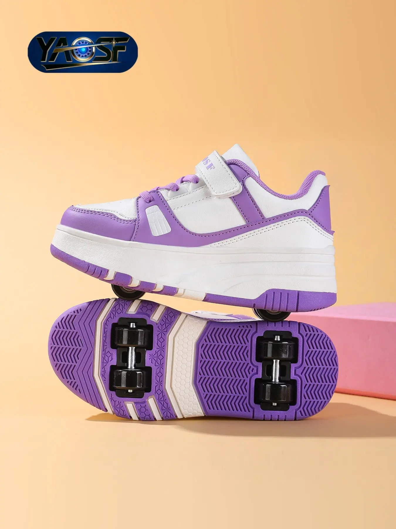Yaosf Detachable Four-Wheel Roller Skates, PU Wheel, Velcro Strap, Anti-Slip Thick Sole, Unisex Kids Skate Shoes, All-Season Outdoor Sneakers, Shoes with Wheels
