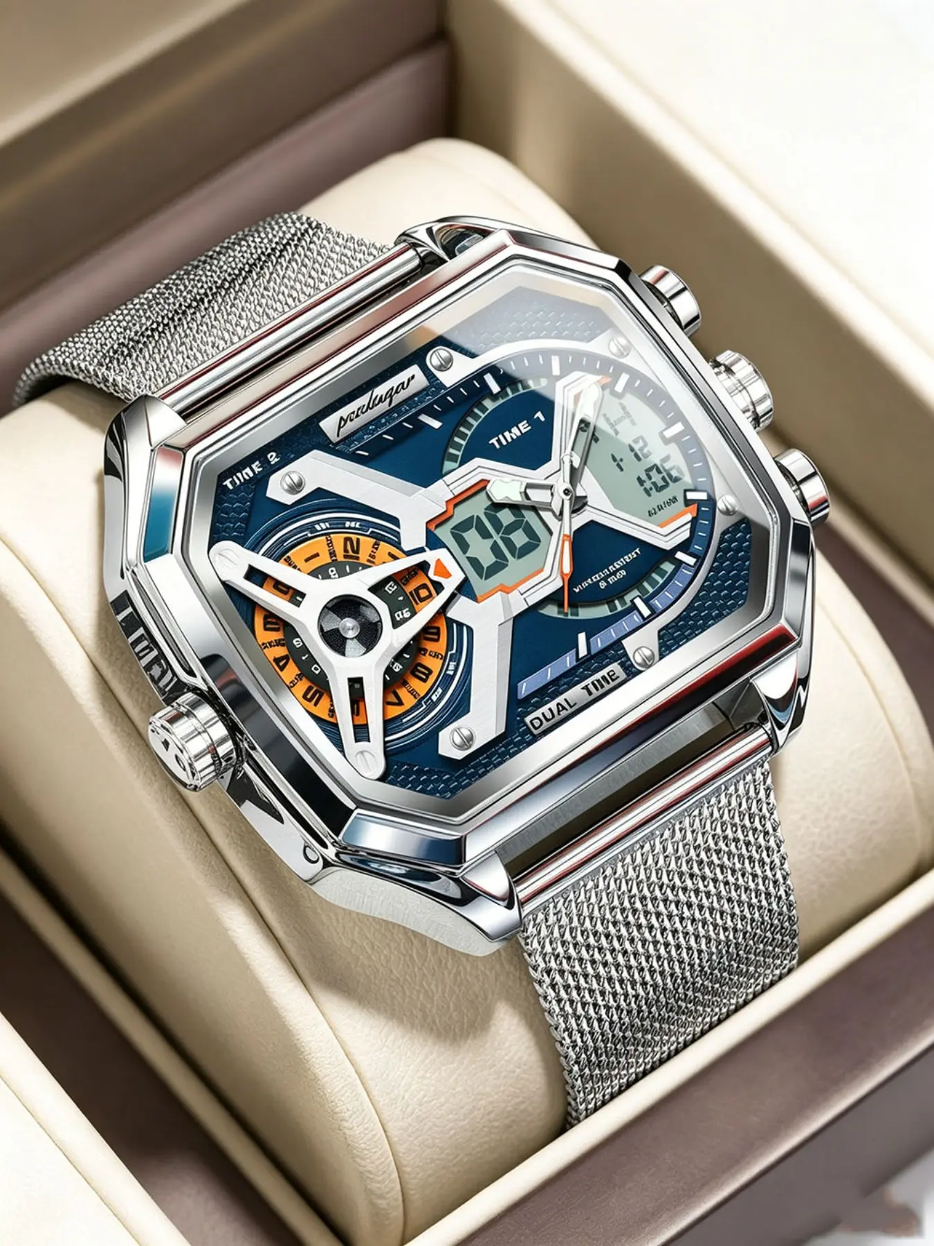 Luxury Business Watch, Dual Display, Chronograph, Water Resistant, Stainless Steel Strap, Quartz Movement, Sporty Design, High-Quality, Analog Digital Wristwatch