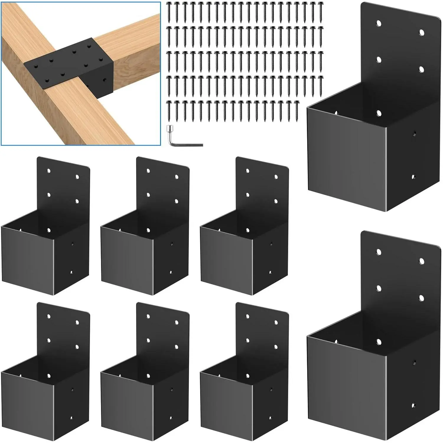 8 count pergola Brackets 4x4(Actual Size 3.6'' x 3.6''), 4x4 pergola Bracket kit for  , Black -Coated,  Top Rafter Brackets or Gazebo,Log Cabins, Sunroom and Deck Railing Brackets