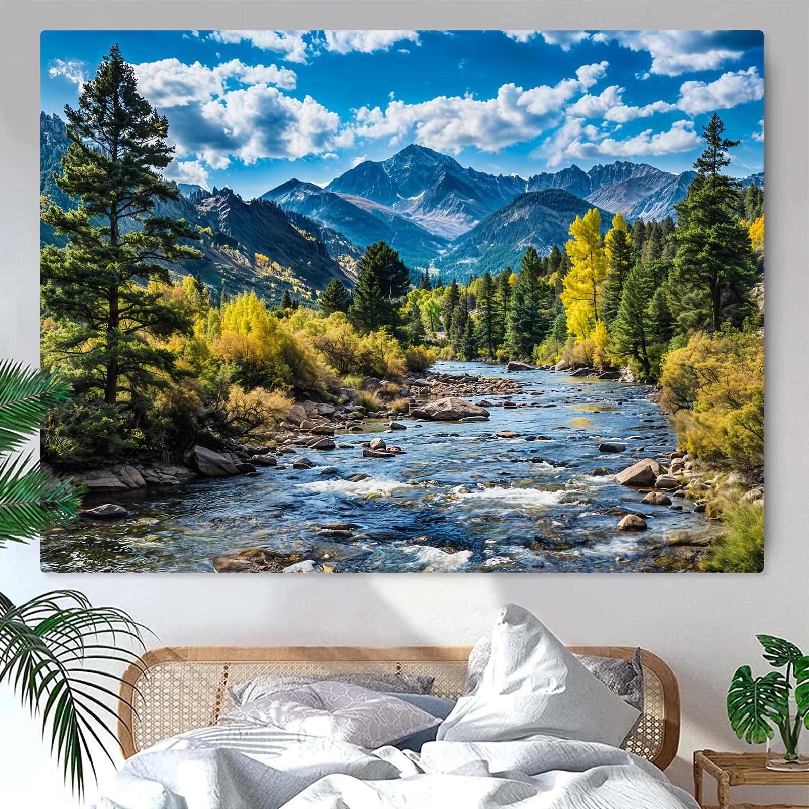 Nature Forest Mountain Tapestry Wall Hanging, Green Pine Tree Scenic Landscape with White Clouds Flowing River, Aesthetic Room Decor for Bedroom Living Room Dorm Office