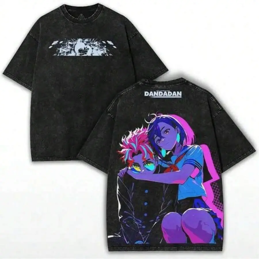 Men's Retro Oversized T-Shirt, Garment-Washed Cotton Crew Neck with Dandadan Neon Purple-Pink Graphic, Casual Alt Streetwear for Daily Wear, 2Xl, 3Xl