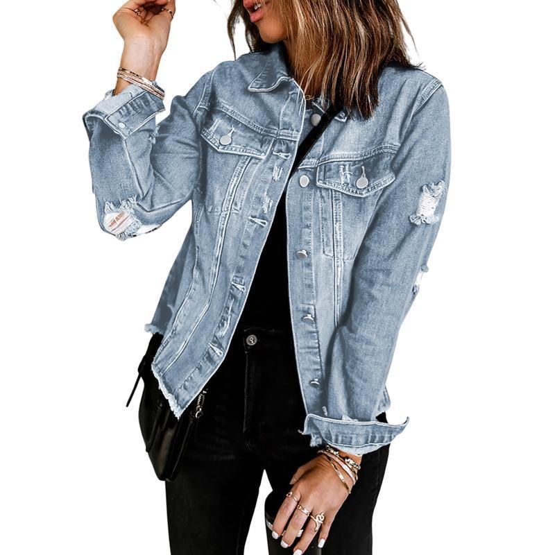 Women's Jean Jackets Non Stretch Boyfriend Washed Distressed Ripped Lapel Long Sleeve Denim Jacket Tops 2025 Spring Fall Womenswear Outfits Casual Coats