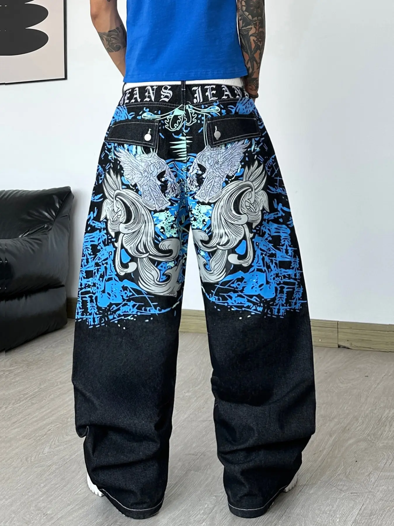 Men's Loose Oversized Embroidered Jeans, Heavy Print Wing Stitch Trendy Wide Leg Pants, Y2K American Street Skate Style, Comfortable and Durable, Multiple Sizes Available