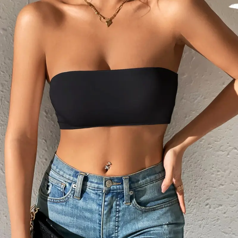 Women's Seamless Strapless Sleeveless Bandeau Tube Top, Tummy Control Workout Crop Top, No-Slip Removable Padded Yoga Sports Bra, High Stretch Fitness Bralette for Running Gym, Cropped Tops, Tight Crop Top