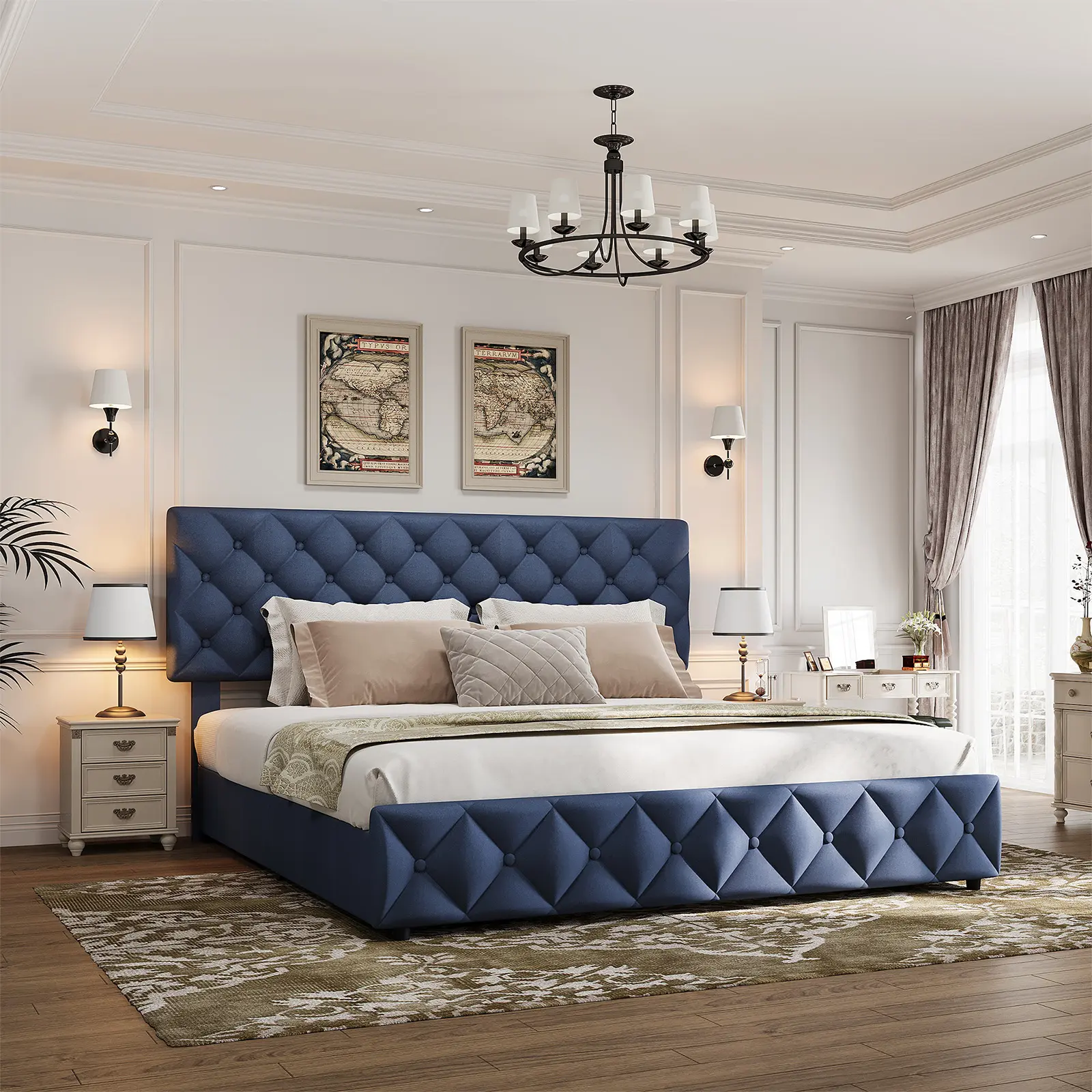 Upholstered Platform Bed Frame, Diamond Tufted Headboard Bed with 4 Underbed Storage Drawers, 1000LBS Noise-Free Wooden Slat Bed, No Box Spring Required for Bedroom