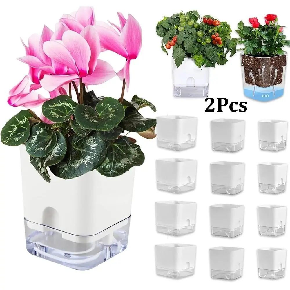 2Pcs Clear Self Watering Planters, Wicking Flower Pots,Plastic African Violet Pots with Watering Bottle Modern Decorative Planter