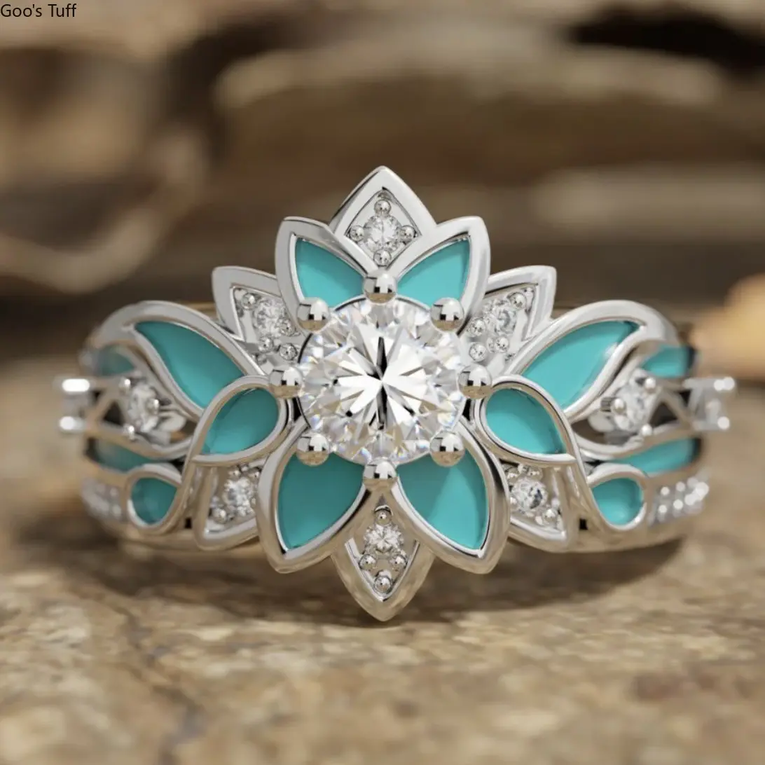 Women's Floral Lotus Ring, Trendy Silver-Tone Costume Jewelry with Blue Enamel and Inlaid Zircon for Parties & Birthday Gifts, Floral Ring, Party Gifts, Lotus Shape