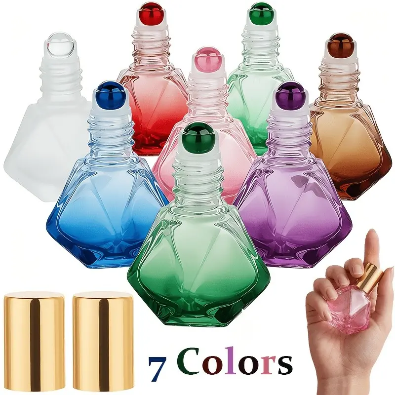 7 Color Roller Bottles, Travel Size, 7ML Capacity, Reusable, for Skincare Water, Lotion, Essential Oils, Diamond Shape, Luxury Design, Elegant Bottle