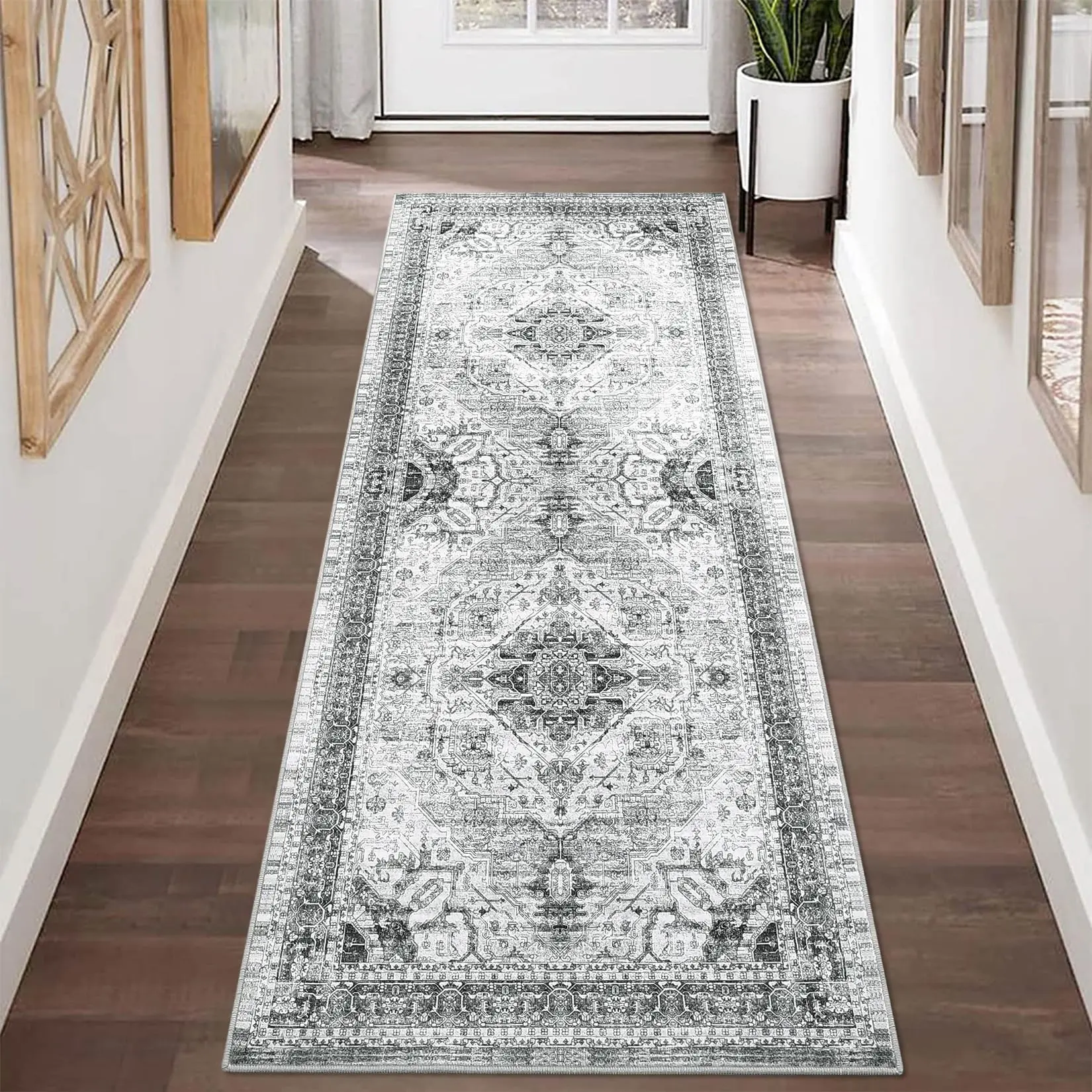 GARVEEArea Rug 2x6 Low-Pile Vintage Rug with Non-Slip Backing, Machine Washable, Indoor Non-Shedding Floor Rug for Living Room, Bedroom, Kitchen, Laundry, Home Office in Grey, Blue, Taupe