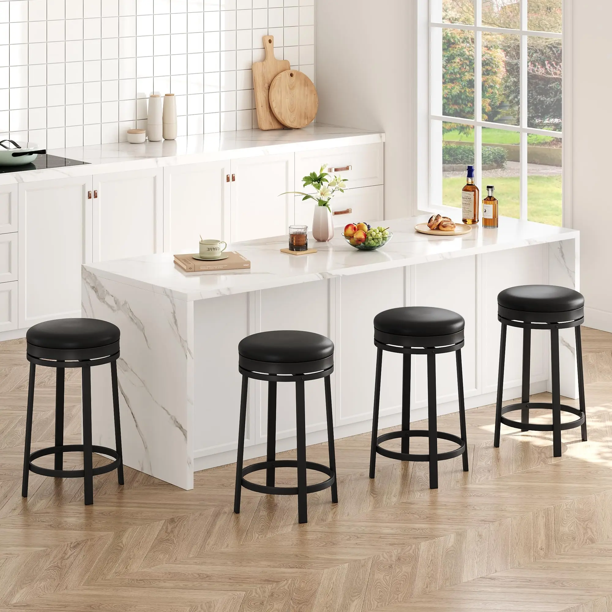 Garvee Set of Modern Mid-Century Style Swivel Bar Stools, Available in Black and Brown, with PU Leather Upholstery, Metal Frame, Padded Seat, No Backrest, 65 cm Height, Ideal for Kitchen, Bar, or Restaurant