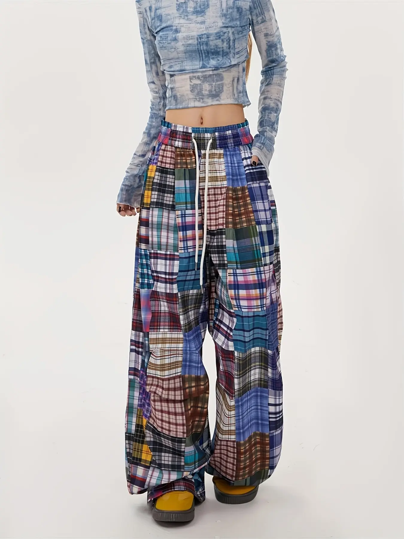 Women's Vintage Plaid Y2K Casual Long Pants, Colorful Patchwork Loose Wide Leg Trousers, Comfortable and Stylish Fashion Bottoms