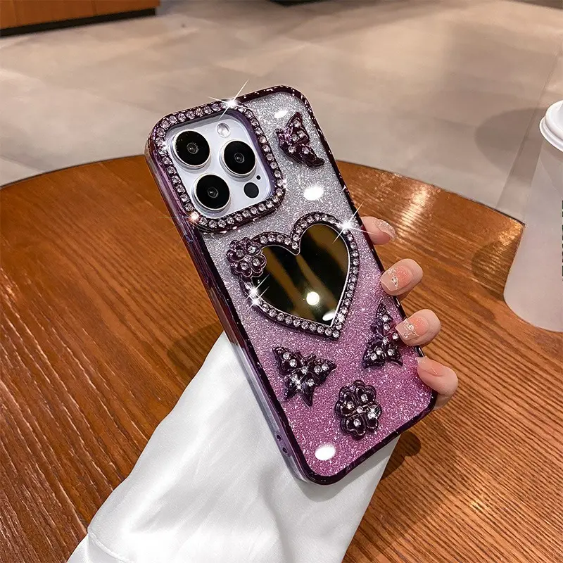 Women's Mirror Heart iPhone Case - Slim Fit, Rhinestone Glitter Electroplated, Shockproof Protective Cover for Multiple iPhones (17 Pro Max, 16, 15, 14, 13) - Luxury Bag Accessory Charm for Daily Use