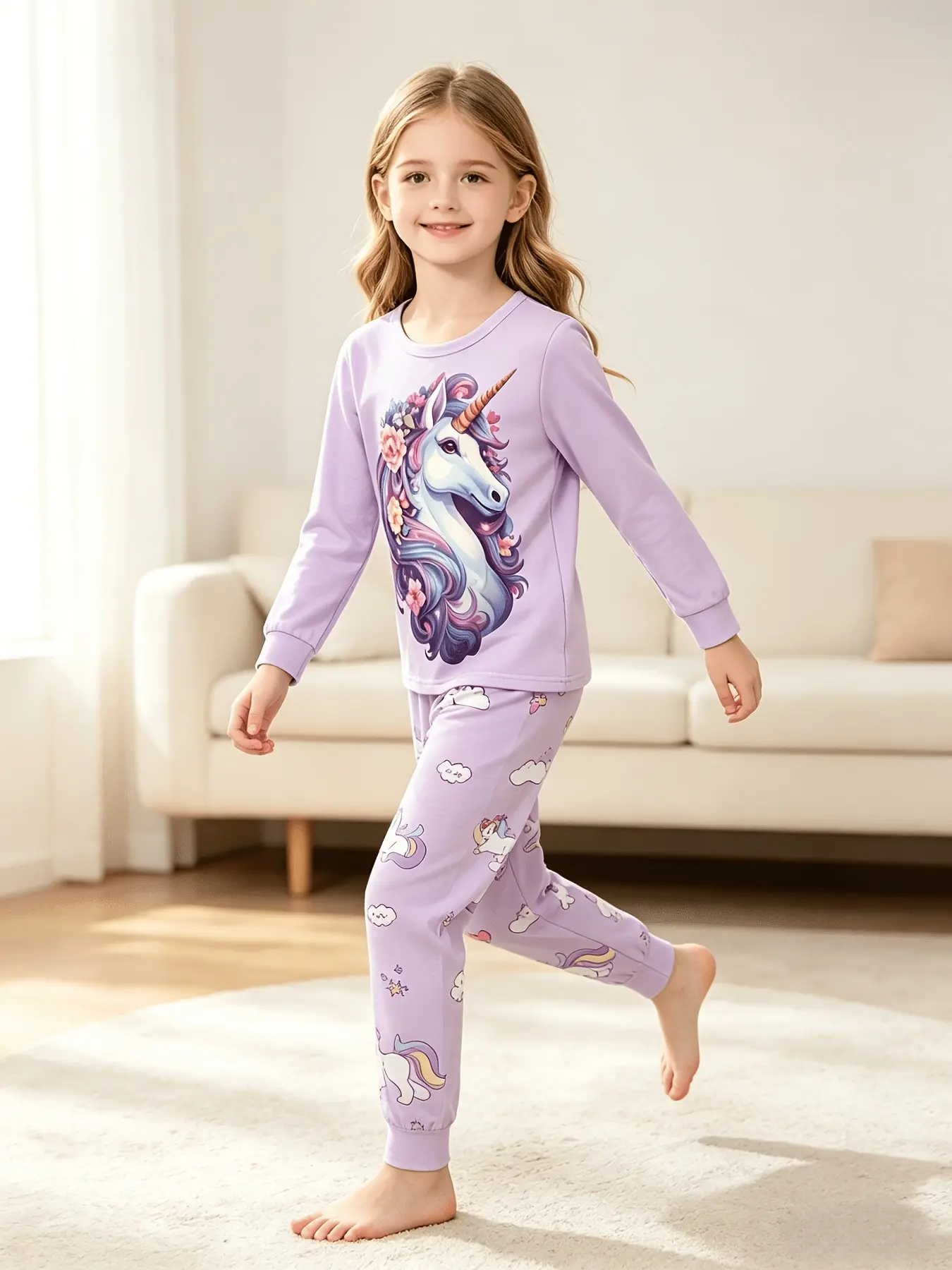 Children Unicorn Print Long Sleeve Pajama Set, Fall Season Comfortable Sleepwear for Girls, Cute Loose-Fitting Graphic