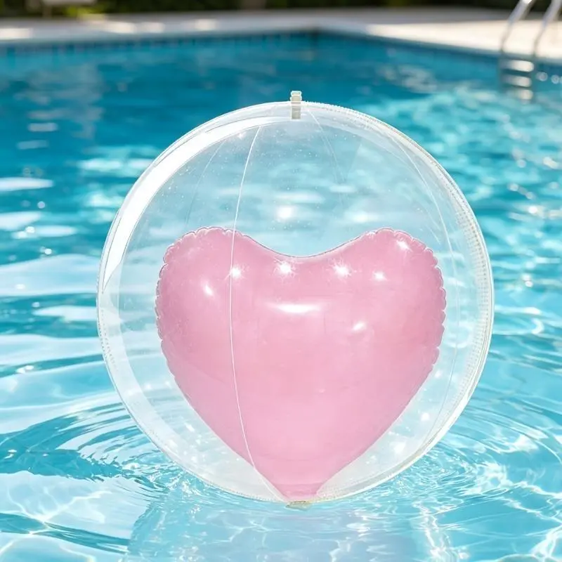 Inflatable Beach Ball with Heart-Shaped Inner Ball, Transparent PVC Pool Float for Adults & Kids, Waterproof Toy for Summer Party Games