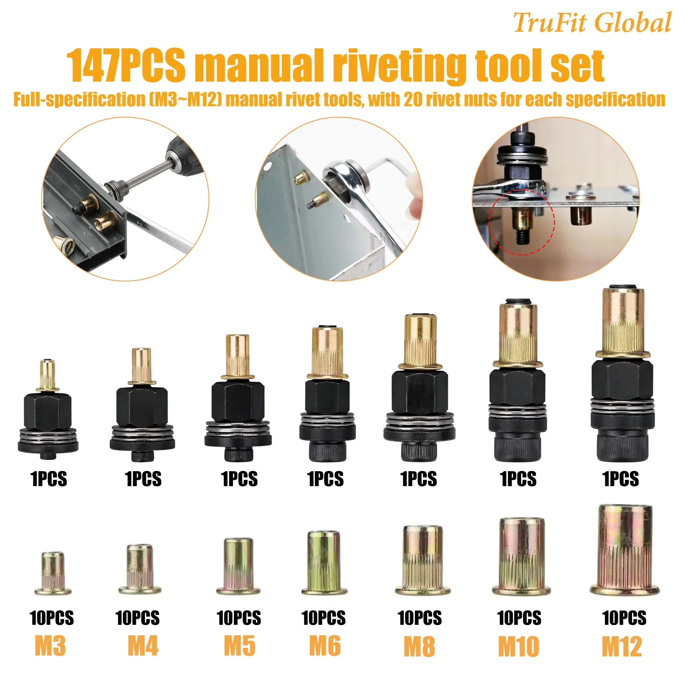 147 PCS Manual Riveting Tool Set, Tool Kit - Riveting Gun, Riveting Nuts - 7 Specifications (M3 to M12) Each with 20 Riveting Nuts, Simple Installation, Multi-purpose for DIY, Suitable for Automobile and Meta