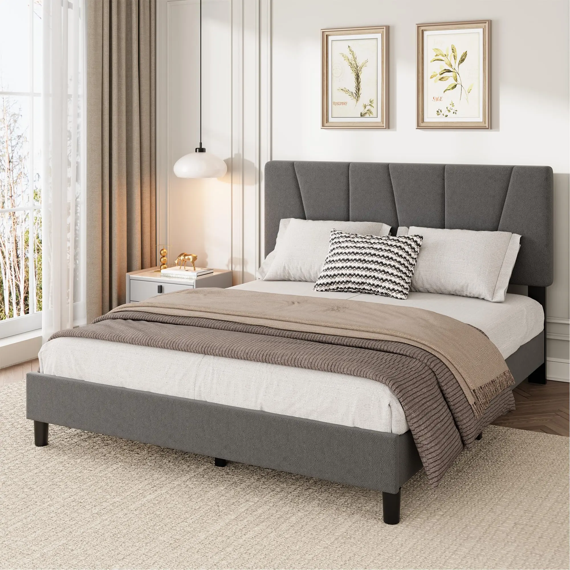 Garvee - Full-size Bed Frame with Adjustable Headboard, Fully Upholstered Linen Platform with Strong Wooden Slats, Mattress Base, No Box Spring Needed, Easy Assembly