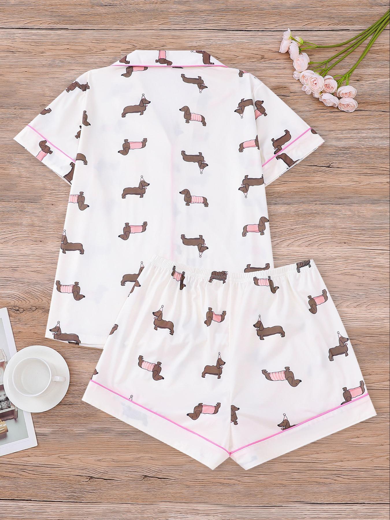 Women's All Over Dachshund Print Shirt & Elastic Waist Shorts Pyjama Two-piece Set, Casual Comfy Short Sleeve Collared Top & Shorts PJ Set, Ladies Sleepwear for All Seasons, Loungewear, Pajama Set, Pajamas