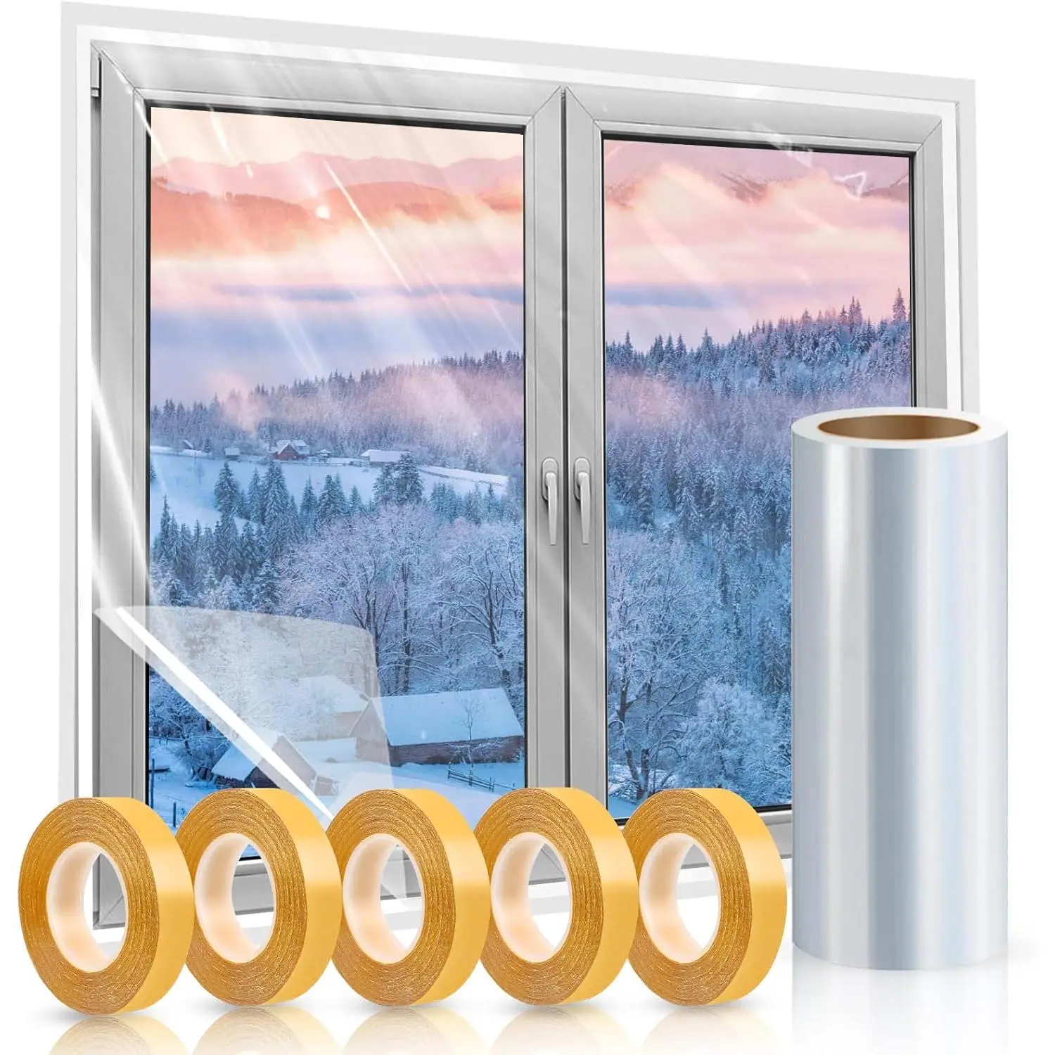 Window Insulation Kit 63×394 Inch Plastic Window Covering for Winter, Window Insulation Film Wrap Winterizing Kit with Double-Sided Tape for 10 Pcs 3×5 Ft Windows