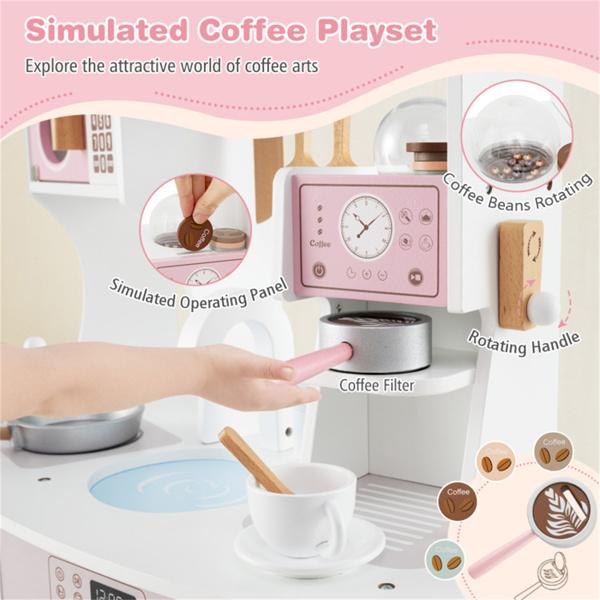 Pink Kids Coffee Kitchen Playset with Microwave Oven Stove for 3+ Years Old