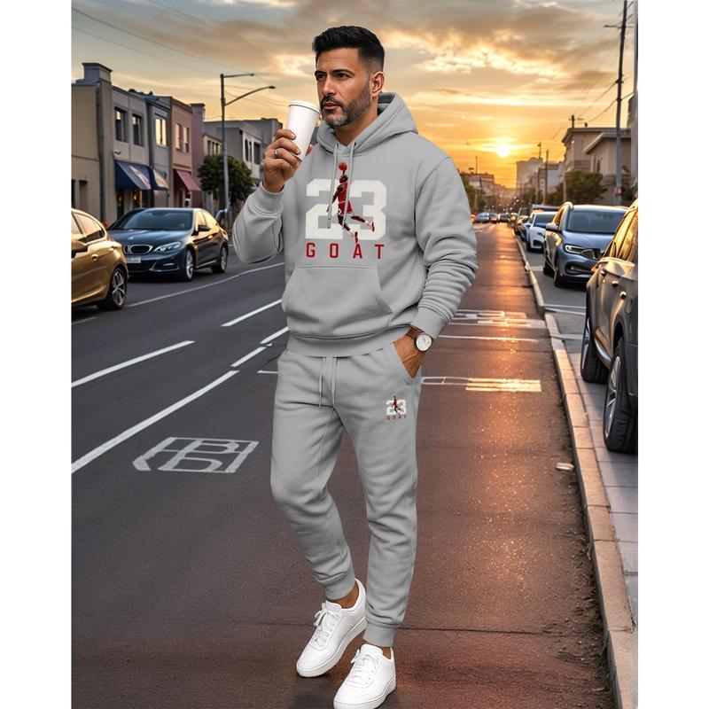 KZZ Men's Goat 23 Pattern Print Hoodie and Drawstring Sweatpants Set, Menswear, Casual Athletic Long Sleeve Hooded Jacket & Trousers for Fall & Winter, Men's Clothing for Daily Wear, Sportswear Indoor Outdoor, Tracksuit, Athleisure Minimalist
