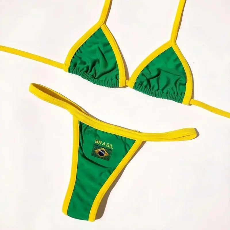 Sexy Embroidery Brasil Flag Contrast Split Bikini Set Women Swimwear Patchwork Swimsuit Hottie Outfit Summer BeachwearBeach photography