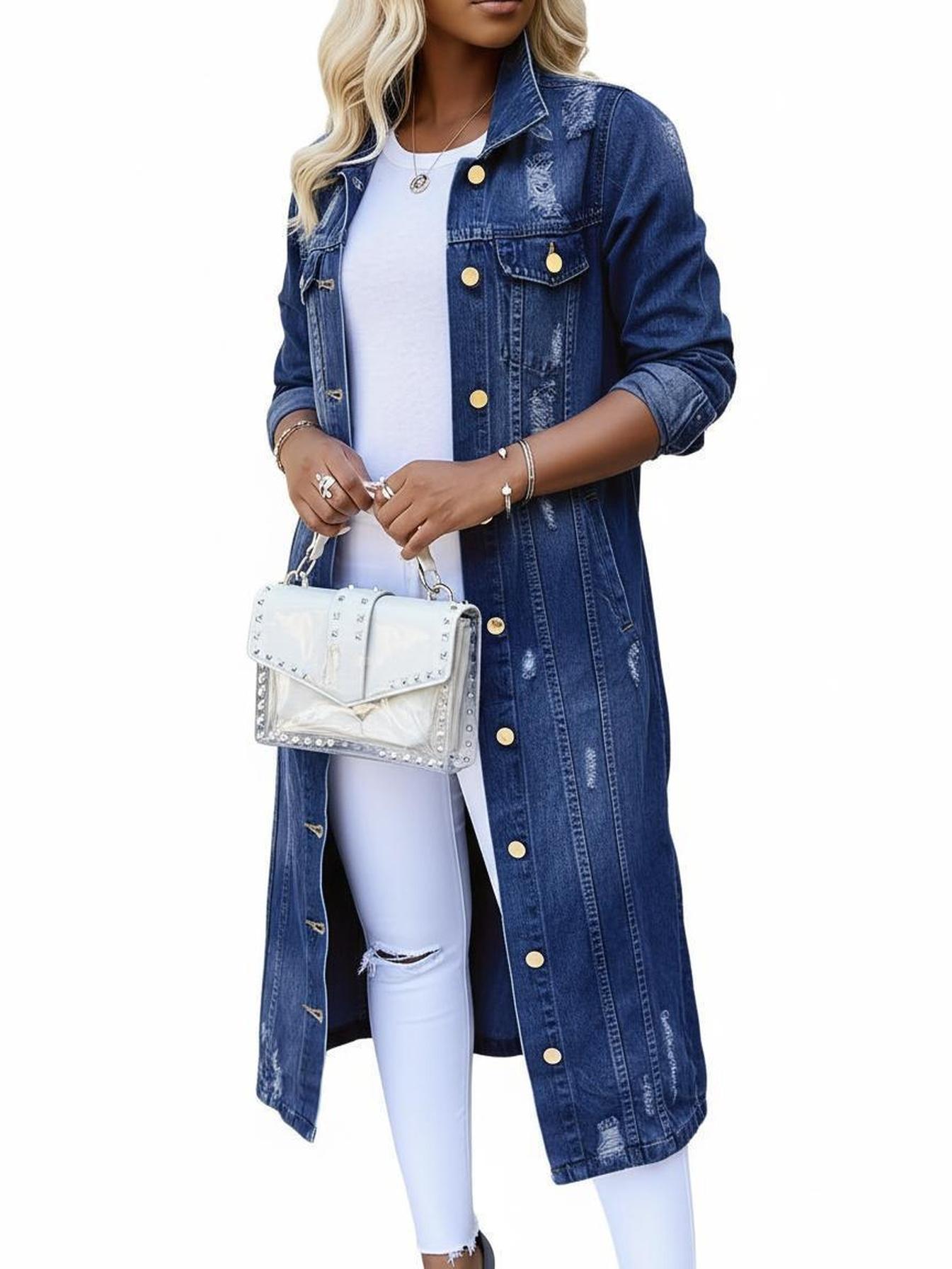 Women's Long Distressed Denim Duster Jacket Button Front Ripped Jean Coat with Pockets