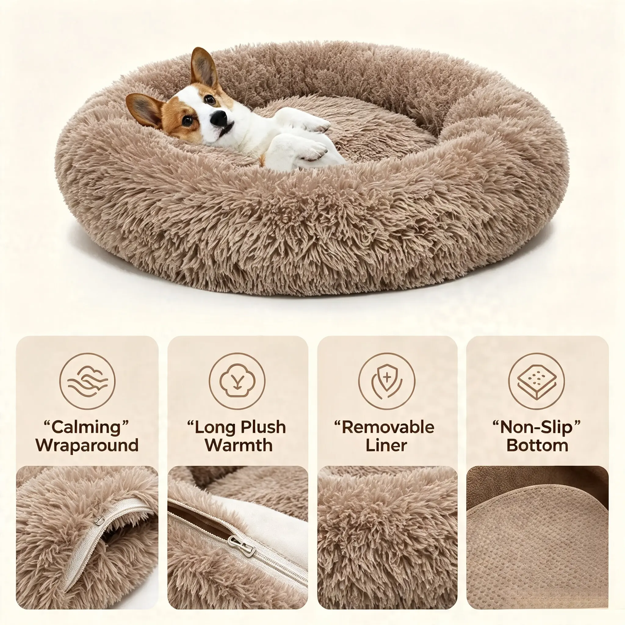 Soft Long Plush Pet Donut Bed, High Rim Anxiety Relief Dog Bed, Thick Warm Cozy Nest with Removable Inner Liner for All Season Use