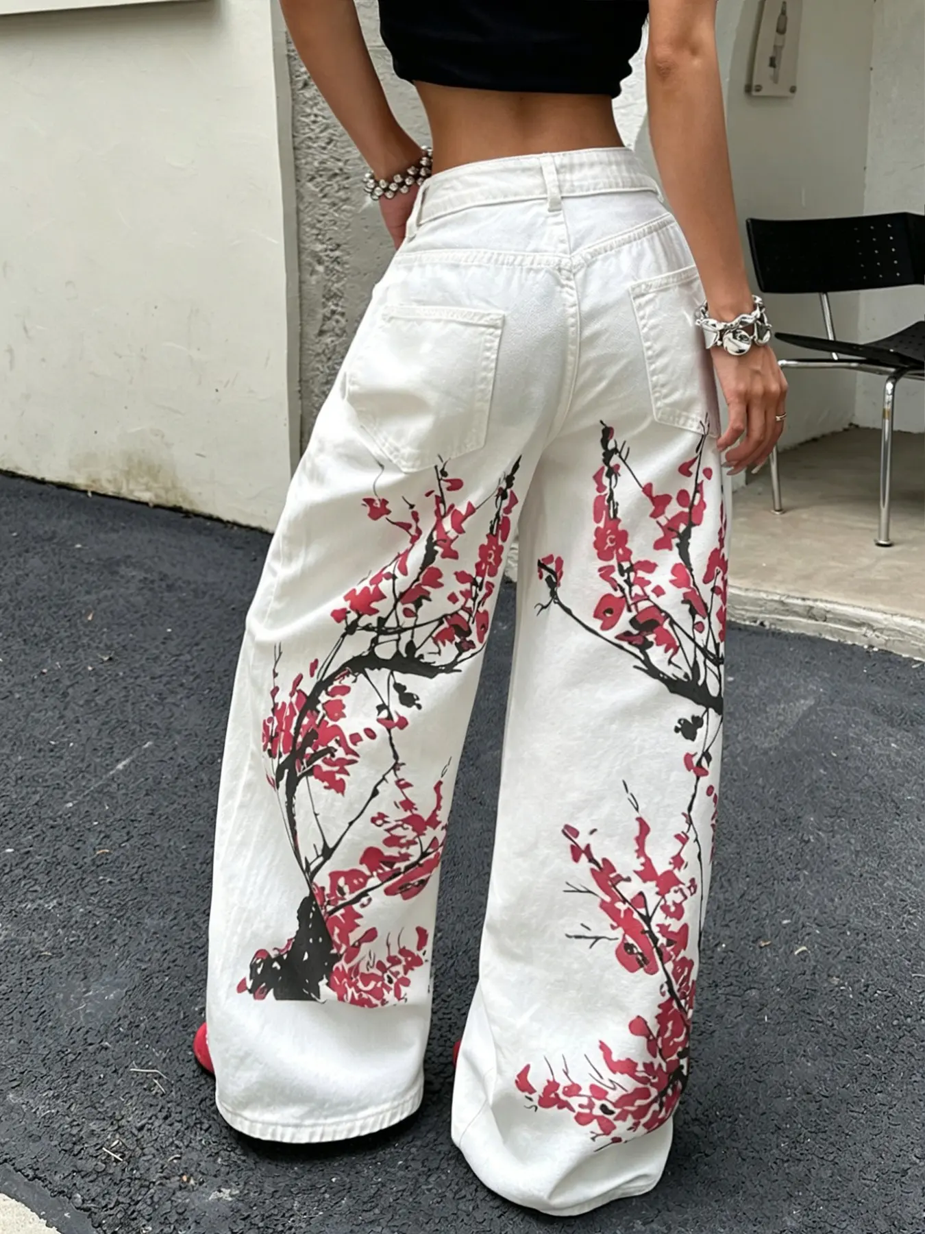 Women's High-Waisted Floral Print Jeans, Casual Floral Jeans, Flowy Trouser Jeans, Y2K Streetwear Fashion, Loose Fit Wide Leg Pants, Perfect for Travel and Daily Wear