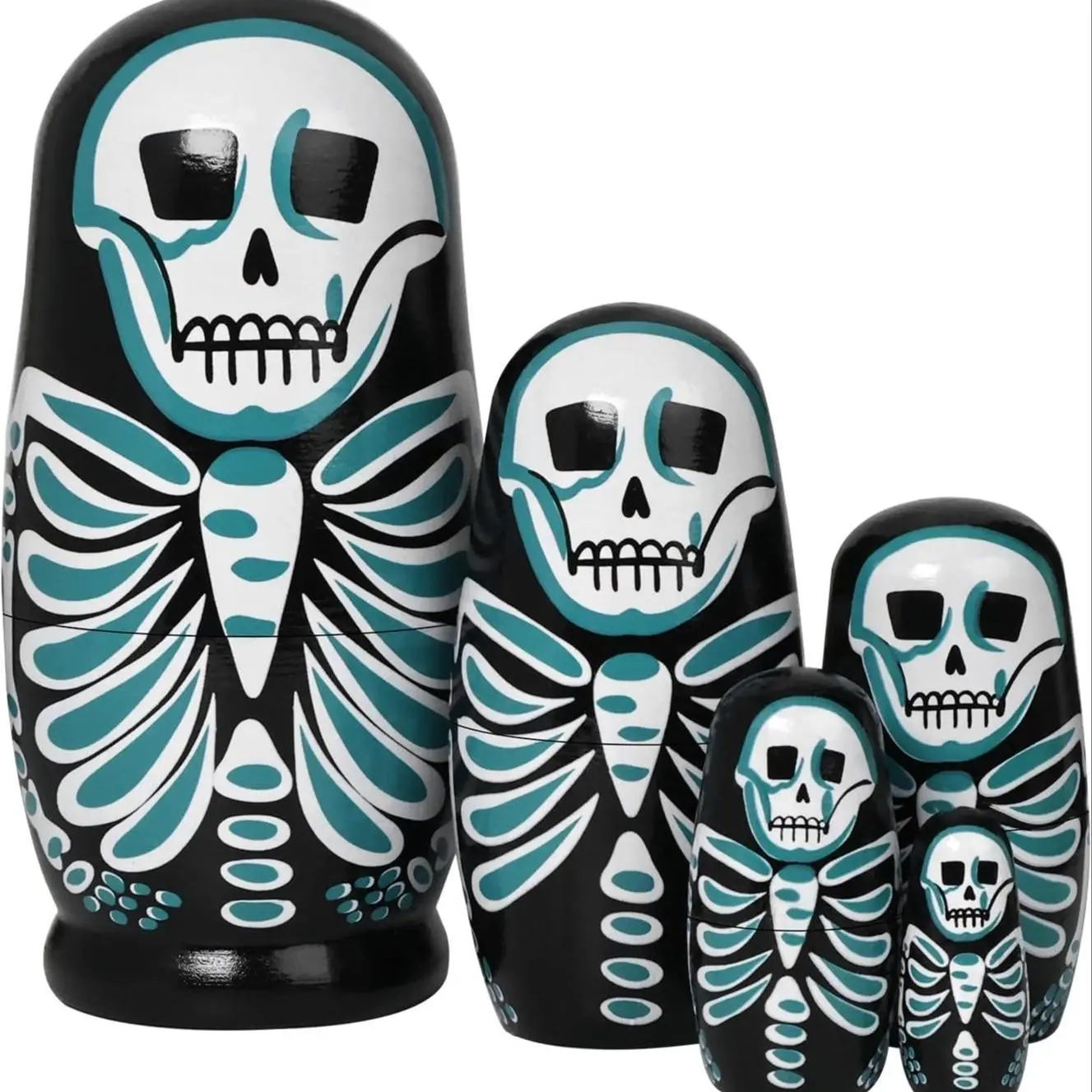 Nested Skulls, 5-Piece Handmade Wooden Russian Nesting Dolls, Halloween Home Decor Gift, Unique Crafted Ornaments for Festive Season