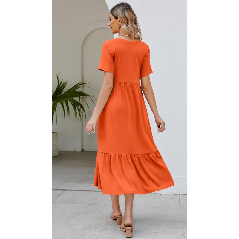 Summer Dresses for Women Flowy Maxi Sundress Short Sleeve Tiered Beach Dress with Pockets 2026 Vacation Travel new arrival fashion vacation beach outfit loose fit overall