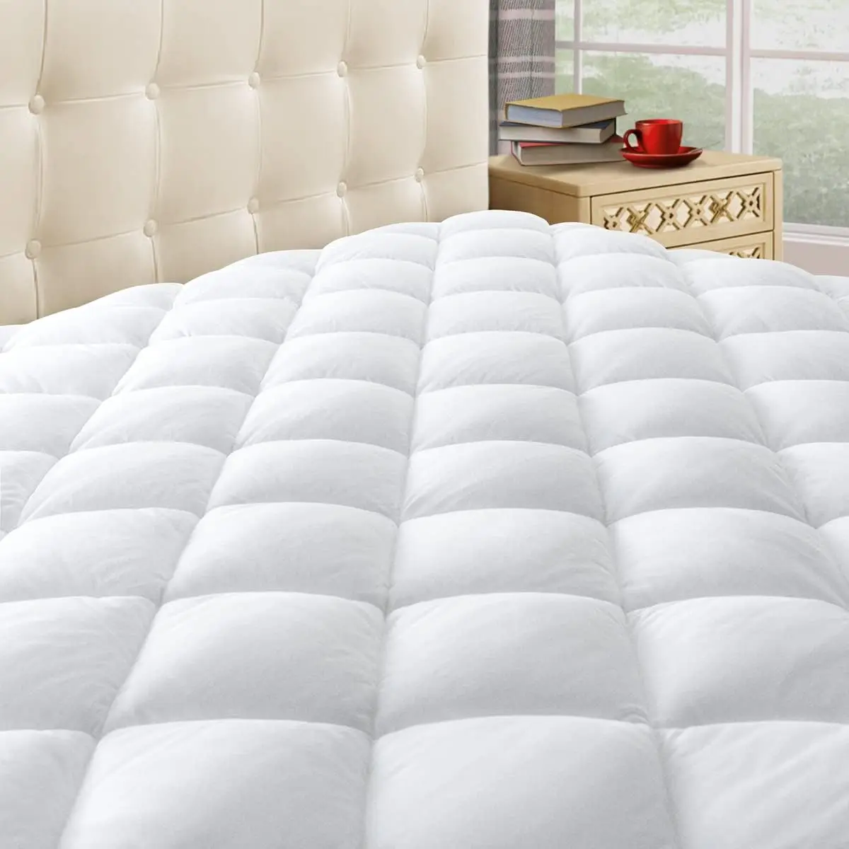 Quilted Mattress Pad Cover with Deep Pocket (8"-21"), White | Fitted Soft Pillow Top Bed Topper, Down Alternative Cooling Mattress Protector