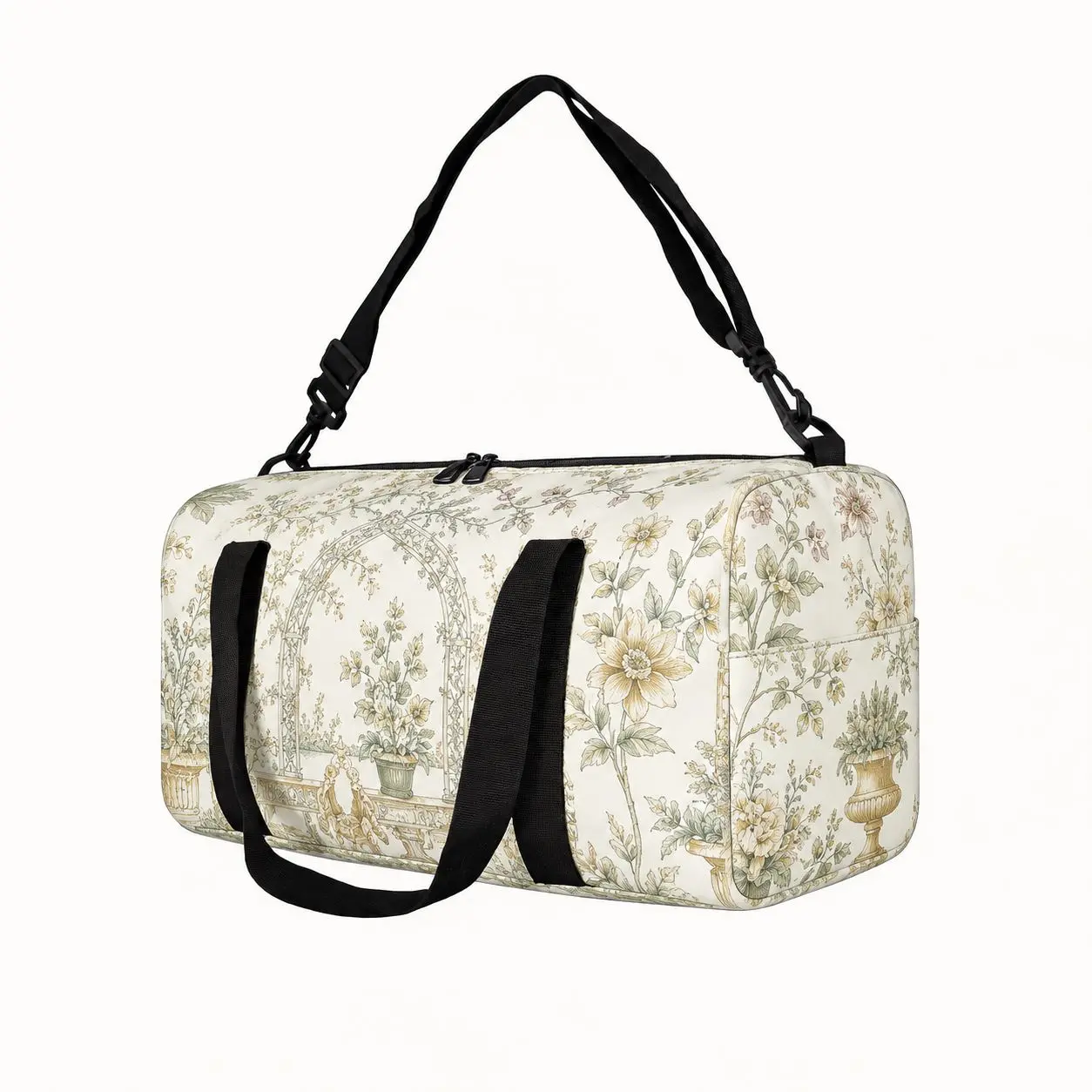 Ivory Vintage Botanical Weekender Bag for Men Women, polyester fabric, dual handles, adjustable shoulder strap, top zipper, dual pulls, rounded body, side pocket and clean seams for overnight stays, gym sessions, road trips, campus use, city commutes