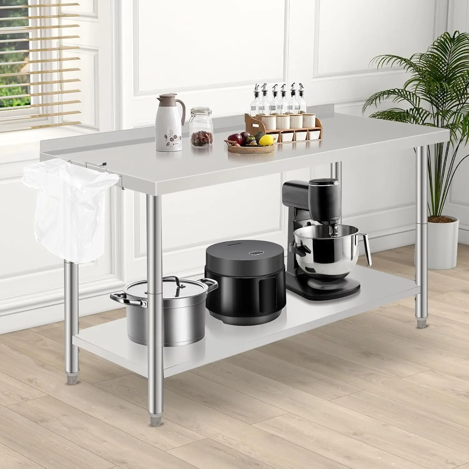 Garvee NSF Certified Stainless Steel Work Table – 60x24 Inch – Adjustable Undershelf, Backsplash, Caster Wheels, Hooks, Heavy Duty Prep Table for Restaurant, Kitchen, Workshop, Outdoor