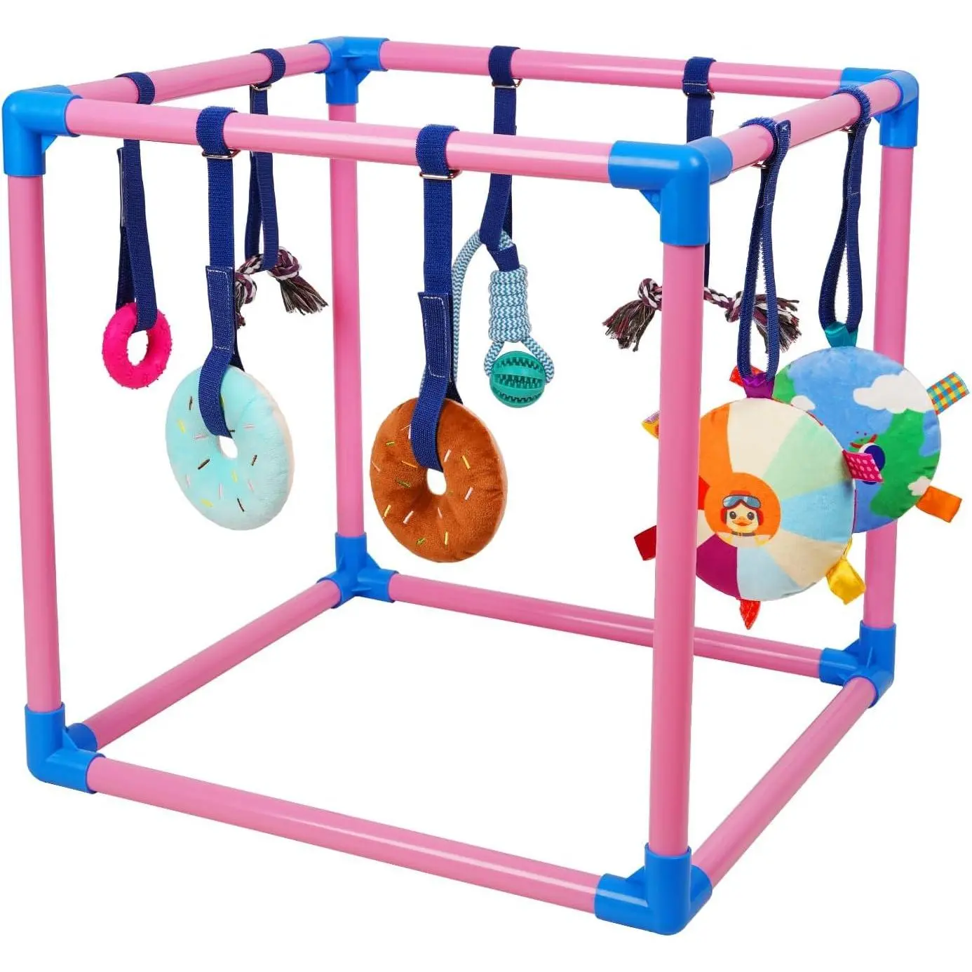 Puppy Play Gym - Small Dogs Play Gym with 8 Hanging Toys, Indoor Puppy Jungle Gym with Interactive Dog Enrichment Toys, 19.5"x19.5"x19.5" PVC Frame (Pink)