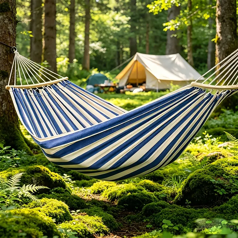Nylon Fabric Double Hammock - 2-Person, 280x150cm Large Extra-Wide Thickened, Portable with Wooden Sticks for Camping, Patio Use (2 People Fit, Luxurious Comfort)