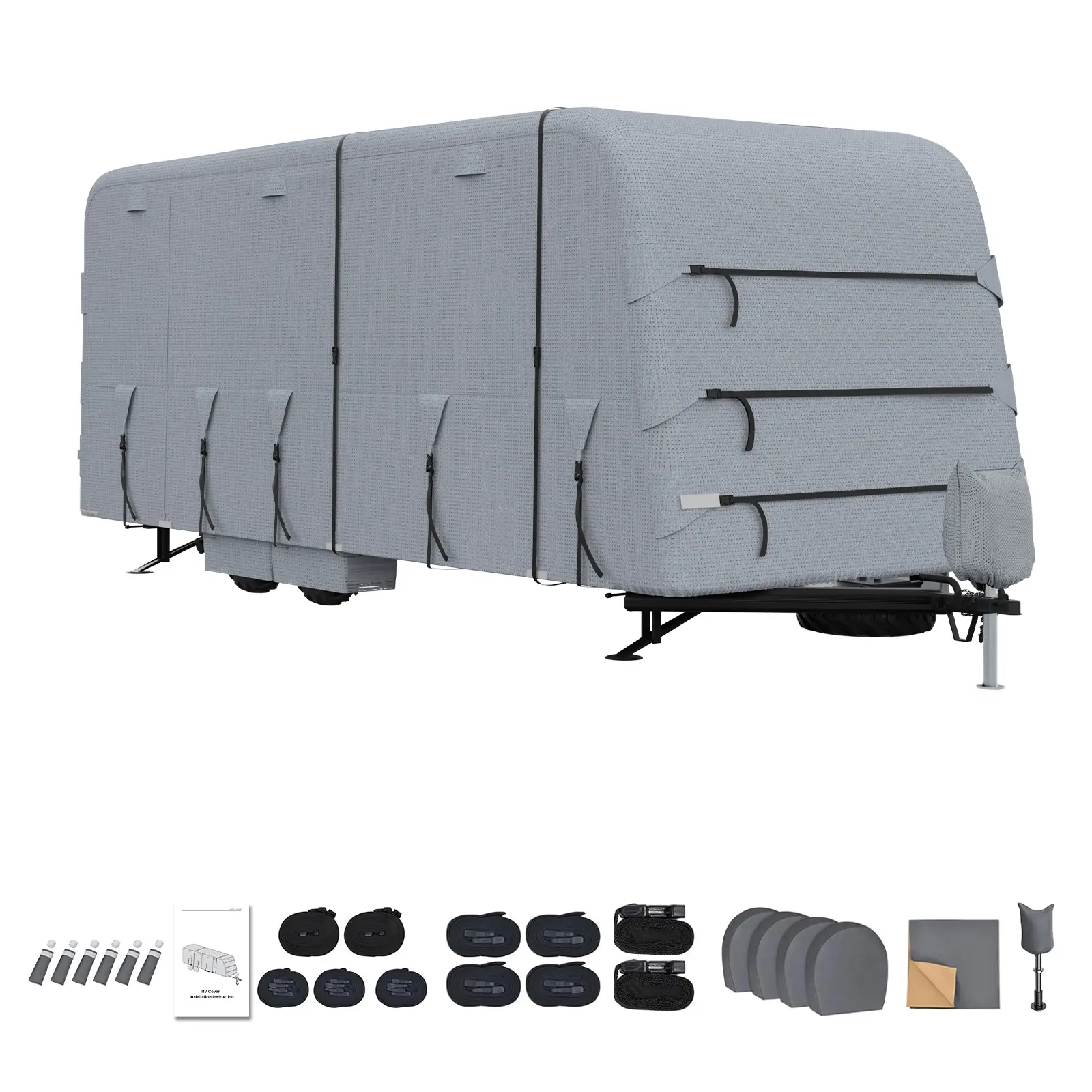 Heavy Duty Travel Trailer RV Cover, 4-Layer Top & 3-Layer Side Waterproof Camper Cover with UV 50+ Protection, Windproof Straps, Zippered Door Access, Air Vents, Reflective Strips, Tire Covers, Jack Cover & Repair Patch Kit for 18-35 ft Motorhomes
