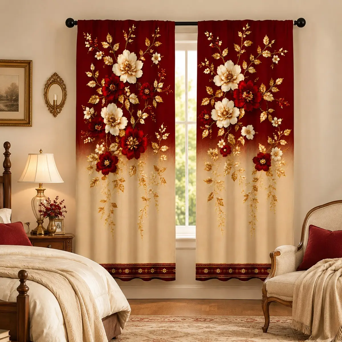 Gradient Wine Gold Rose Floral Curtain Set, 2 Panels, Light Blocking, Hanging Window Curtains, Wedding Room, Chinese Style, Luxury Decor